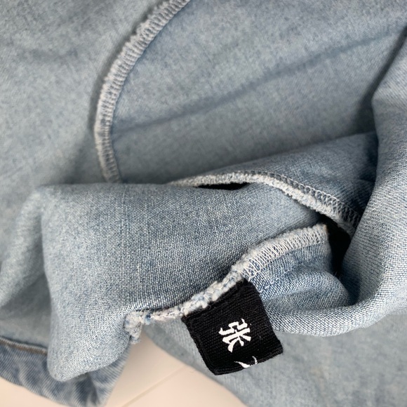 Denim Dress with Mesh See through Sleeves V neck Denim Dress - Picture 10 of 14